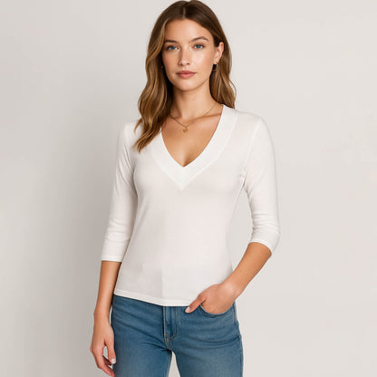 Cherie Code Women’s V-Neck Tee – Stretch Knit, Elbow Sleeve, Fitted Silhouette