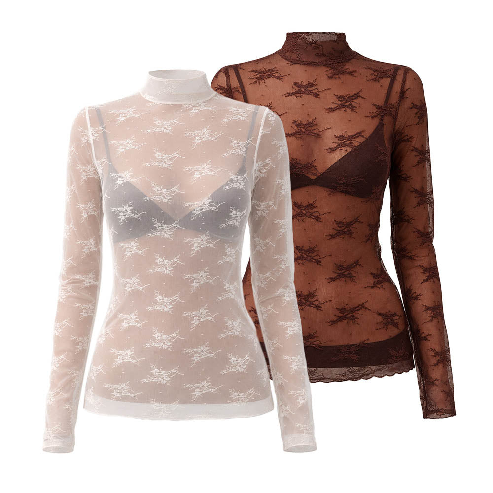 2 piece Women’s  Sheer Lace Long Sleeve Top – High Neck, Sexy & Layering Essential Cherie Code Buy 2 Save!