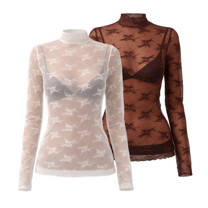 2 piece Women’s  Sheer Lace Long Sleeve Top – High Neck, Sexy & Layering Essential Cherie Code Buy 2 Save!