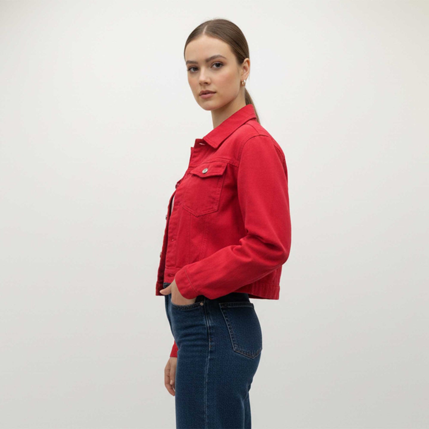 Women's Solid Color Denim Jacket with Pockets – Long Sleeve Button Front Casual Outerwear by Cherie Code