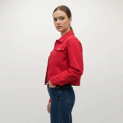 Women's Solid Color Denim Jacket with Pockets – Long Sleeve Button Front Casual Outerwear by Cherie Code