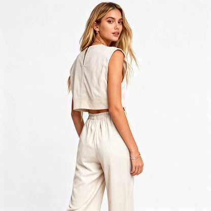 Cherie Code Women’s Casual Tie-Front Top and Wide-Leg Pants Set – Linen & Cotton Blend, Relaxed Fit, Khaki