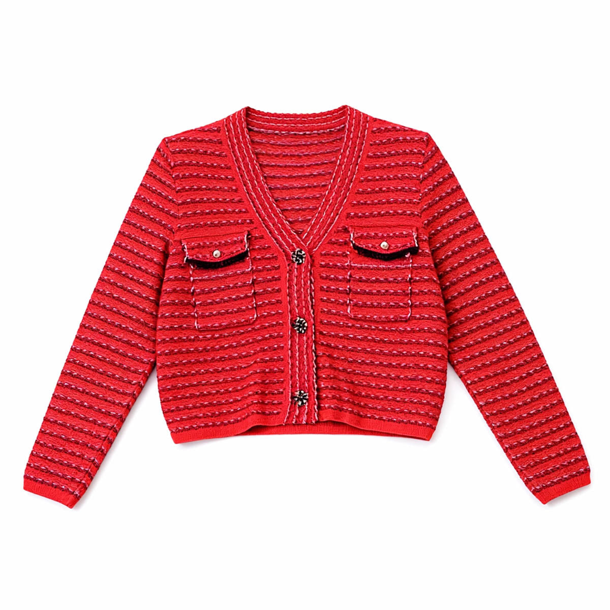 Cherie Code Women’s Red Stripe Long‑Sleeve Knit Cardigan & Skirt Set – Textured Rib Knit Button‑Front Two‑Piece Suit