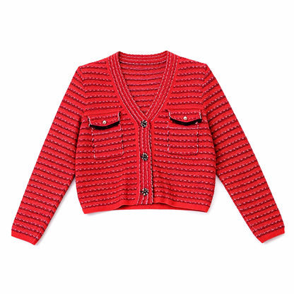 Cherie Code Women’s Red Stripe Long‑Sleeve Knit Cardigan & Skirt Set – Textured Rib Knit Button‑Front Two‑Piece Suit
