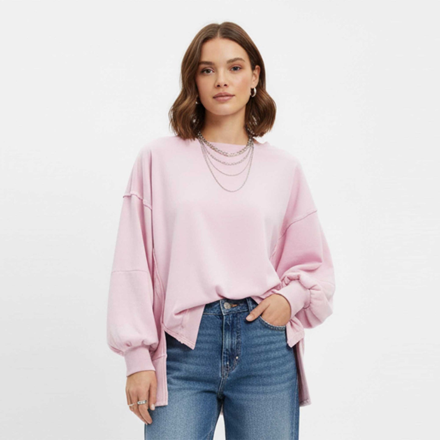 Women's Slouchy Crewneck Sweatshirt - Stretch Polyester Blend with Side Slit Details Cherie Code