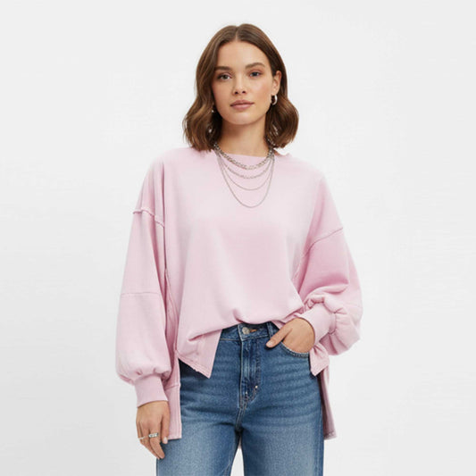 Women's Slouchy Crewneck Sweatshirt - Stretch Polyester Blend with Side Slit Details Cherie Code