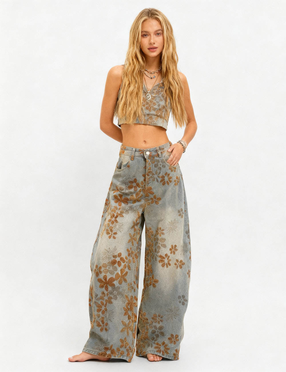 Cherie Code Women’s High-Rise Barrel Leg Denim Pants – Floral Print, Stretch Cotton Blend