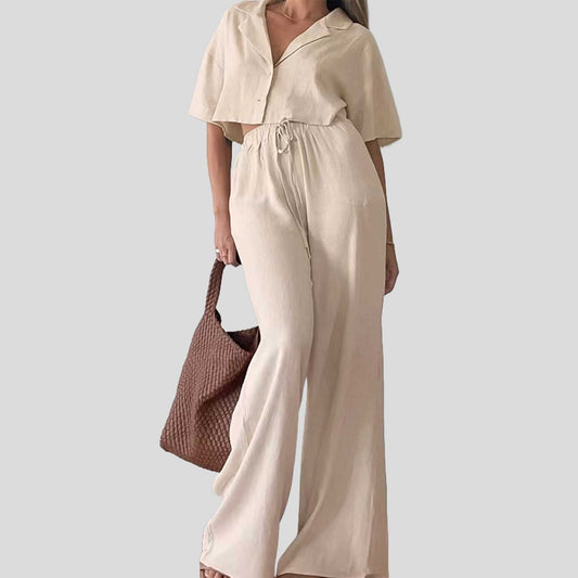 Women Set with Button-Down Top & Elastic Waist – Short Sleeve, Wide Leg, Polyester-Cotton Blend Cherie Code