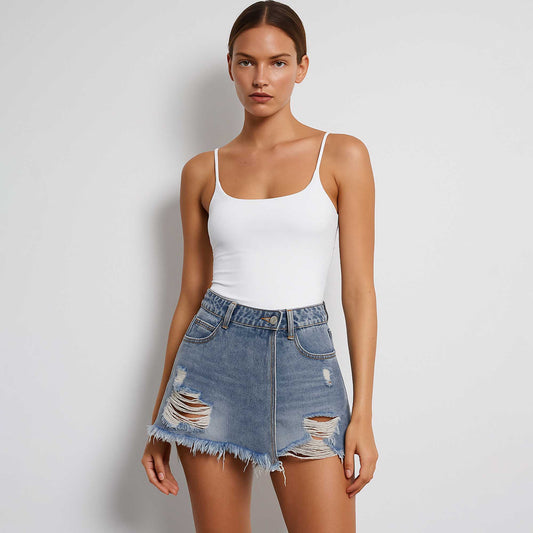 Women's Denim Shorts - Mid-Rise Button Closure with 5 Pockets & Raw Hem Cherie Code