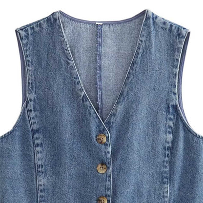 Women's Denim Sleeveless Vest - Classic Button-Up V-Neck Top Cherie Code