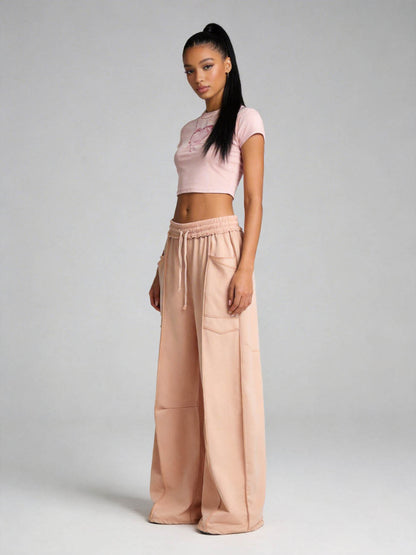 Cherie Code Women's High-Rise Wide Leg Pants with Drawstring and Pockets – Stretch Knit Casual Lounge Pants