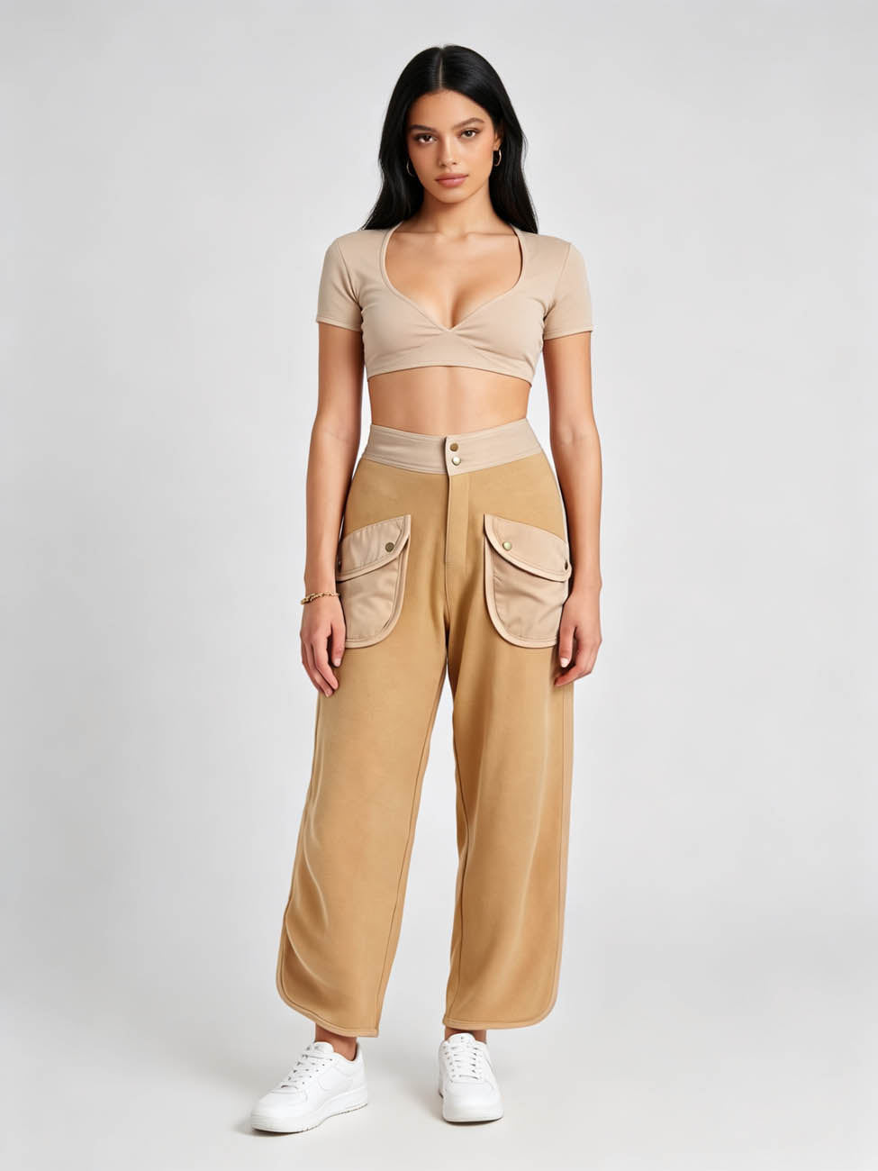 Cherie Code Women's Trendy Wide Leg Utility Pants – High Waist Relaxed Cargo Trousers for Casual Streetwear