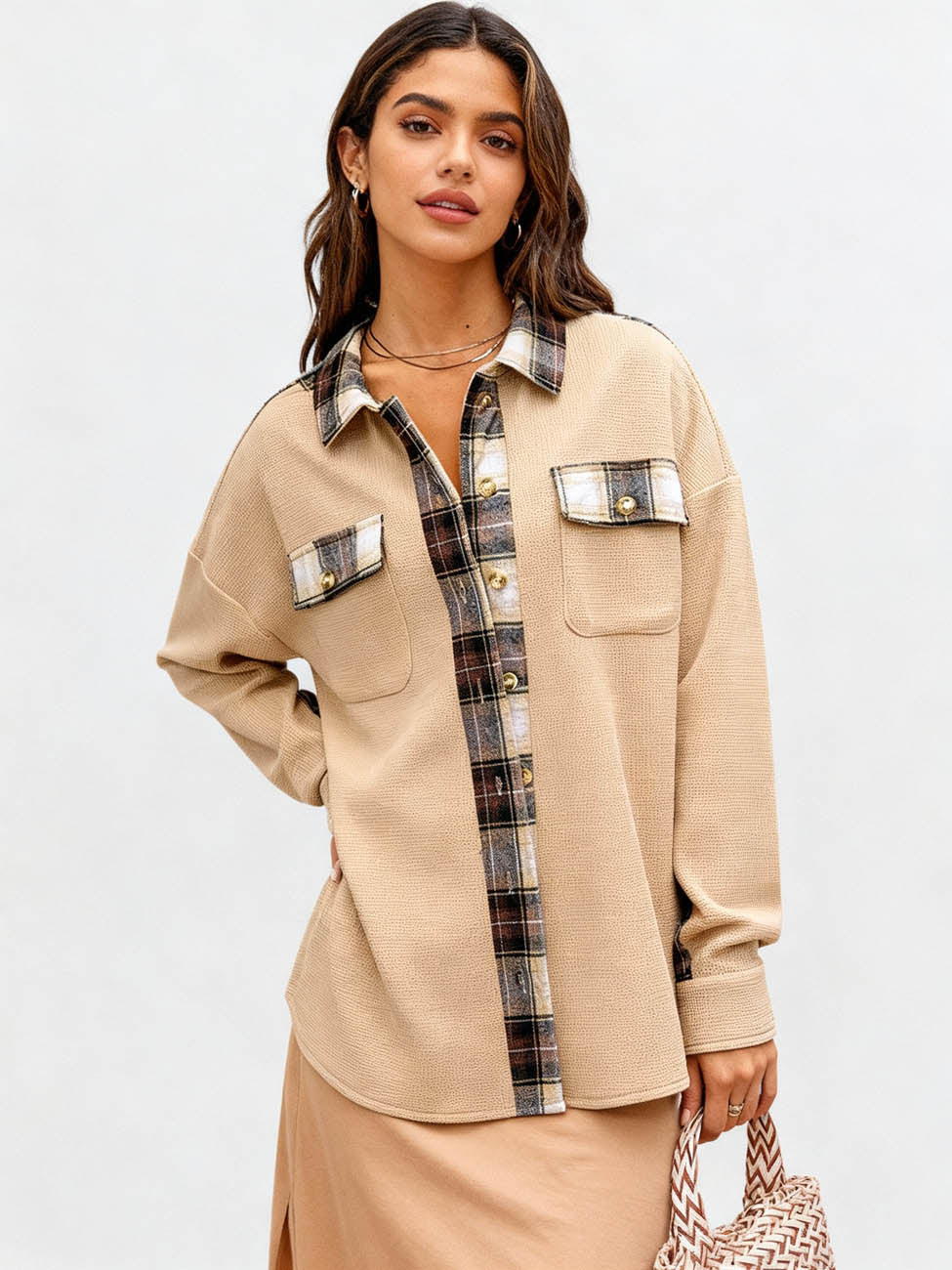 Women’s Long Sleeve Button-Down Shirt Jacket with Plaid Trim – Soft Stretch Fabric