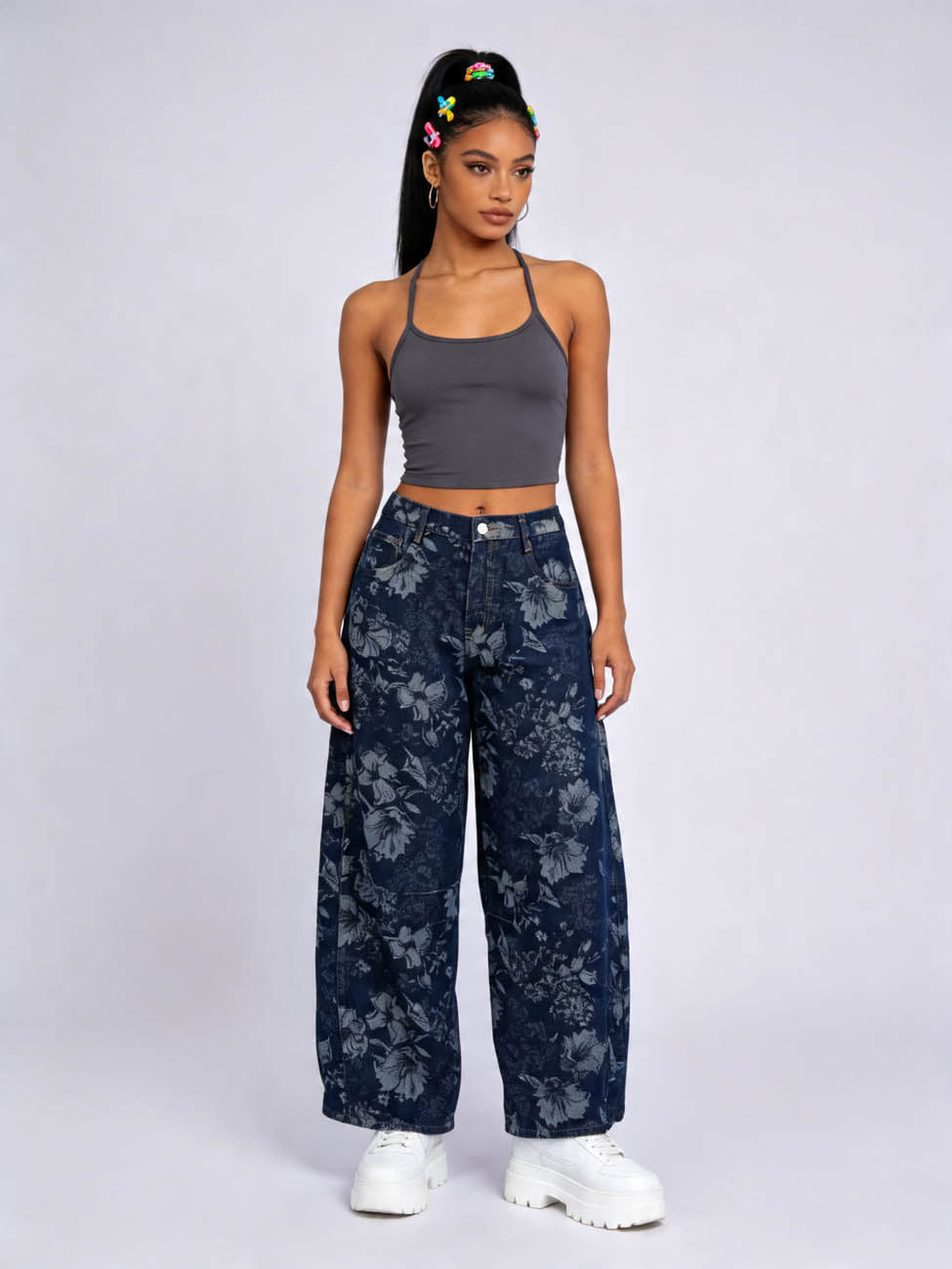 Cherie Code Women’s High-Rise Floral Print Wide Leg Jeans – Vintage Loose Fit Denim Pants, Casual Streetwear Baggy Jeans