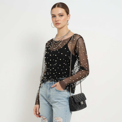 Chic Long Sleeve Sheer Top with Pearl Details - Non-Stretch Polyamide Layering Essential Cherie Code