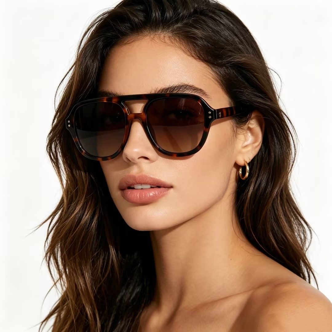 Cherie Code Retro Double Bridge Square Aviator Sunglasses Tortoise UV400 1 Pc