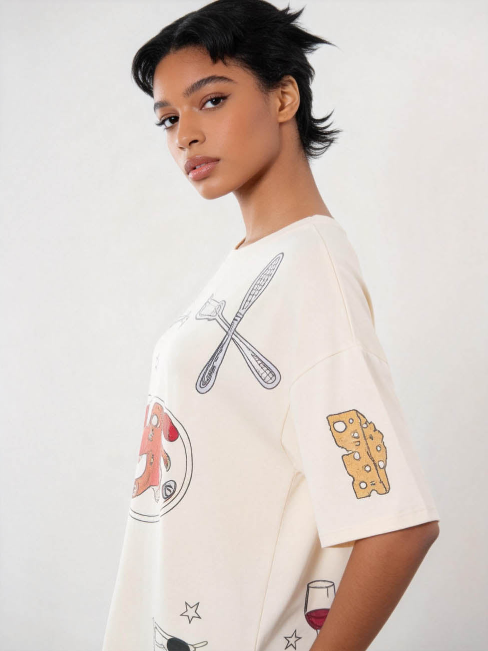 Cherie Code Women’s Oversized Graphic Tee – Fun Food & Cutlery Print, Casual Summer Top