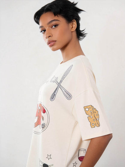 Cherie Code Women’s Oversized Graphic Tee – Fun Food & Cutlery Print, Casual Summer Top