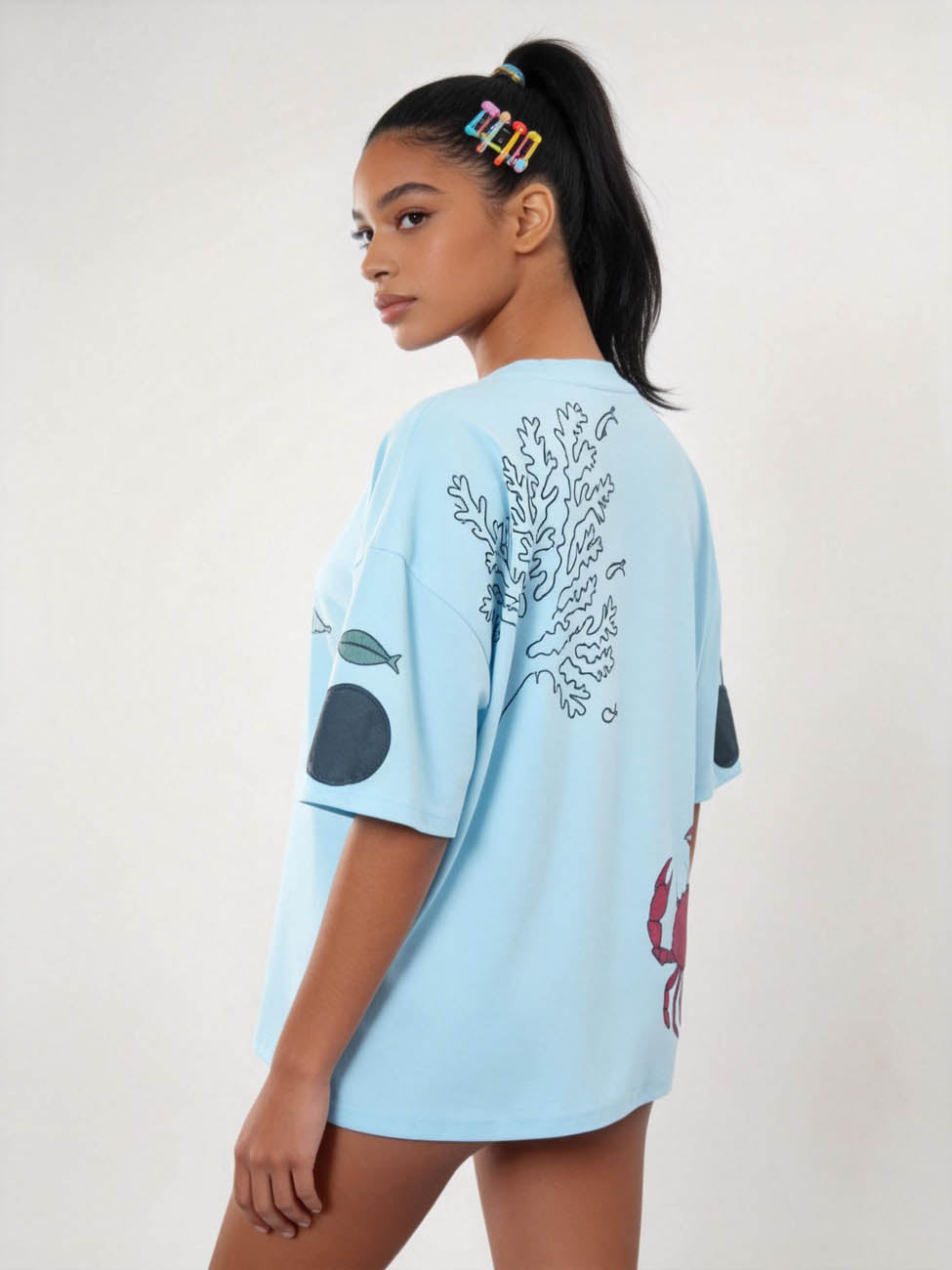 Cherie Code Women’s Oversized Graphic Tee – Fun Food & Cutlery Print, Casual Summer Top