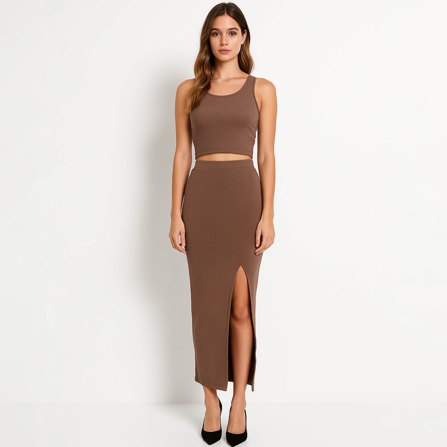 Woman Stretch Viscose Slim Fit Skirt Set - Sleeveless Crop Top 2PCS Outfit Cherie Code