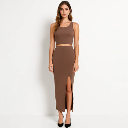 Woman Stretch Viscose Slim Fit Skirt Set - Sleeveless Crop Top 2PCS Outfit Cherie Code