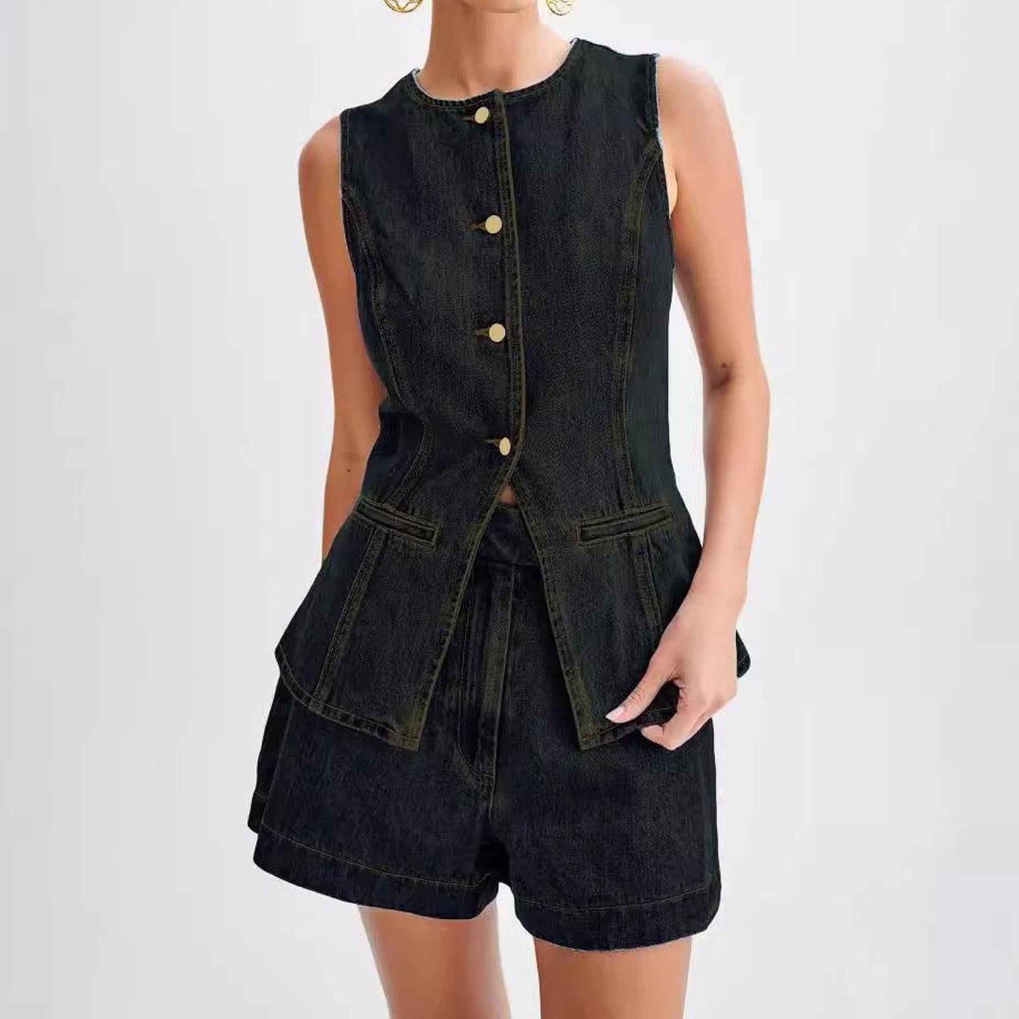 Women's Denim Shorts Set - High Waist Casual Outfit Sleeveless Top with Shorts Cherie Code