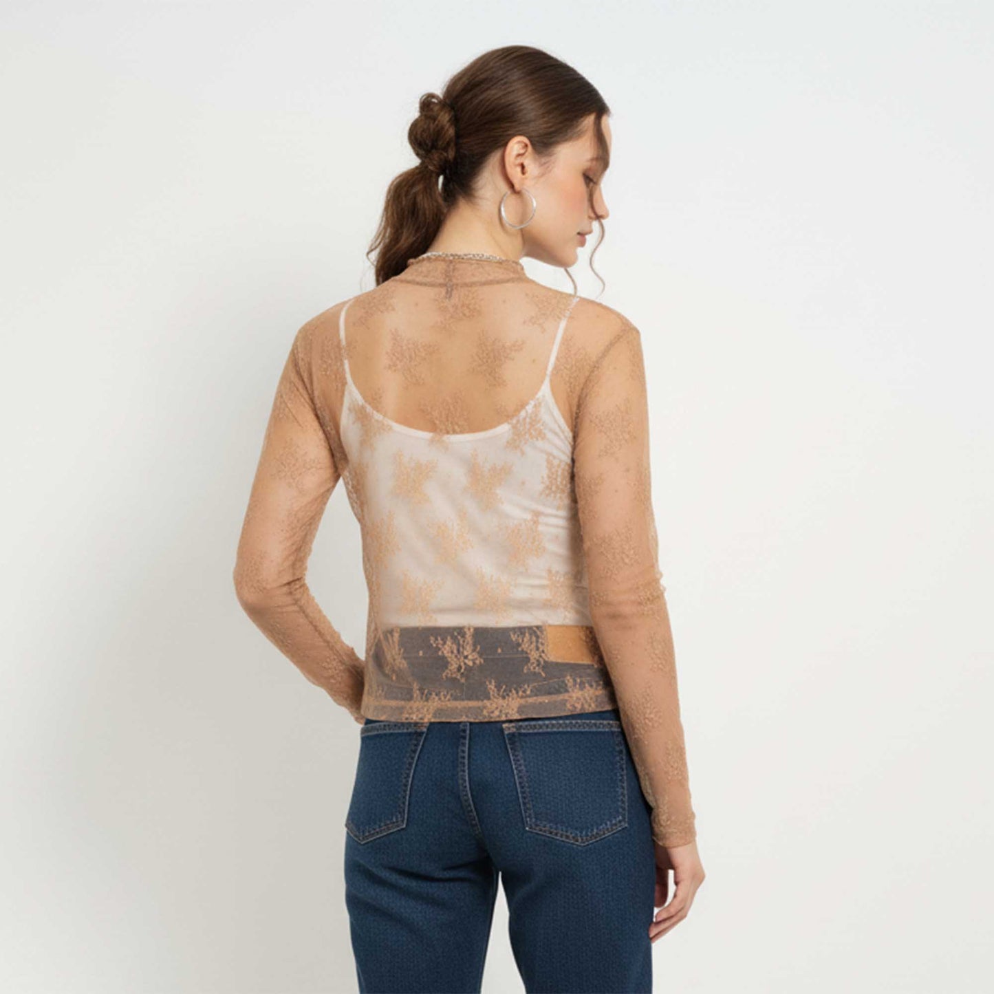 Women's Floral Lace Slim-Fit Top – Sheer Stretch Tee with Baby Overlock Edge Cherie Code