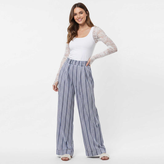 Cherie Code Women’s Wide Leg Checkered Pants - Casual Cotton Blend Trousers with Elastic Waist and Pockets