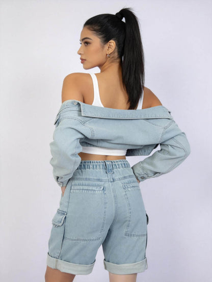 Cherie Code Women's High-Waisted Denim Cargo Shorts – Drawstring Waist Utility Jean Shorts with Zipper Pockets & Rolled Hem, Light Wash