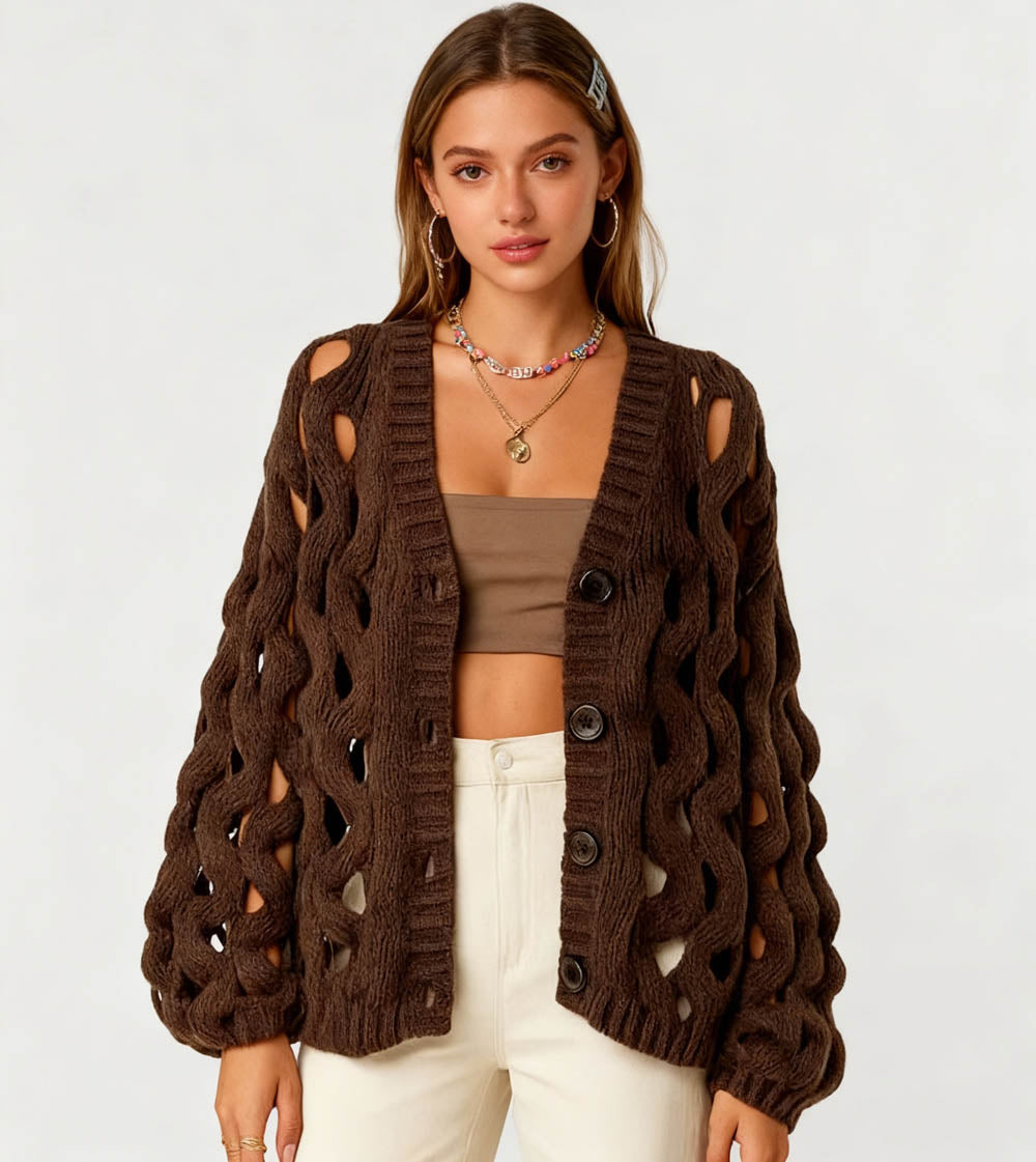 Cherie Code Women’s Open Knit Button-Front Cardigan Sweater – Long Balloon Sleeves