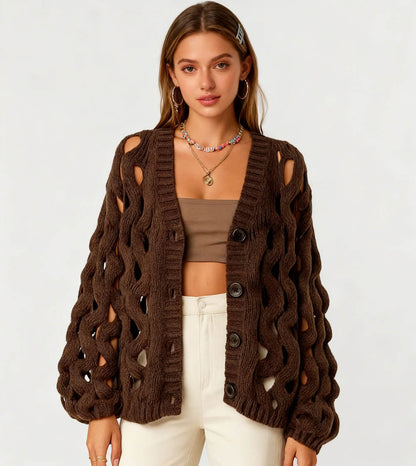 Cherie Code Women’s Open Knit Button-Front Cardigan Sweater – Long Balloon Sleeves