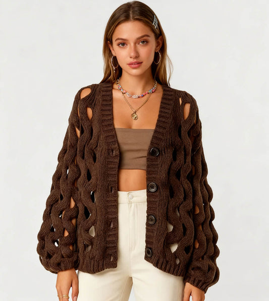 Cherie Code Women’s Open Knit Button-Front Cardigan Sweater – Long Balloon Sleeves