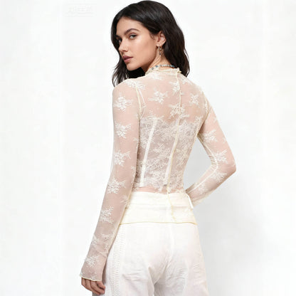 Women's Floral Lace Slim-Fit Top – Sheer Stretch Tee with Baby Overlock Edge Cherie Code