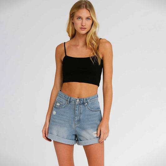 Women's Slim Fit Distressed Denim Shorts - Rolled Hem with Classic 5-Pocket Cherie Code