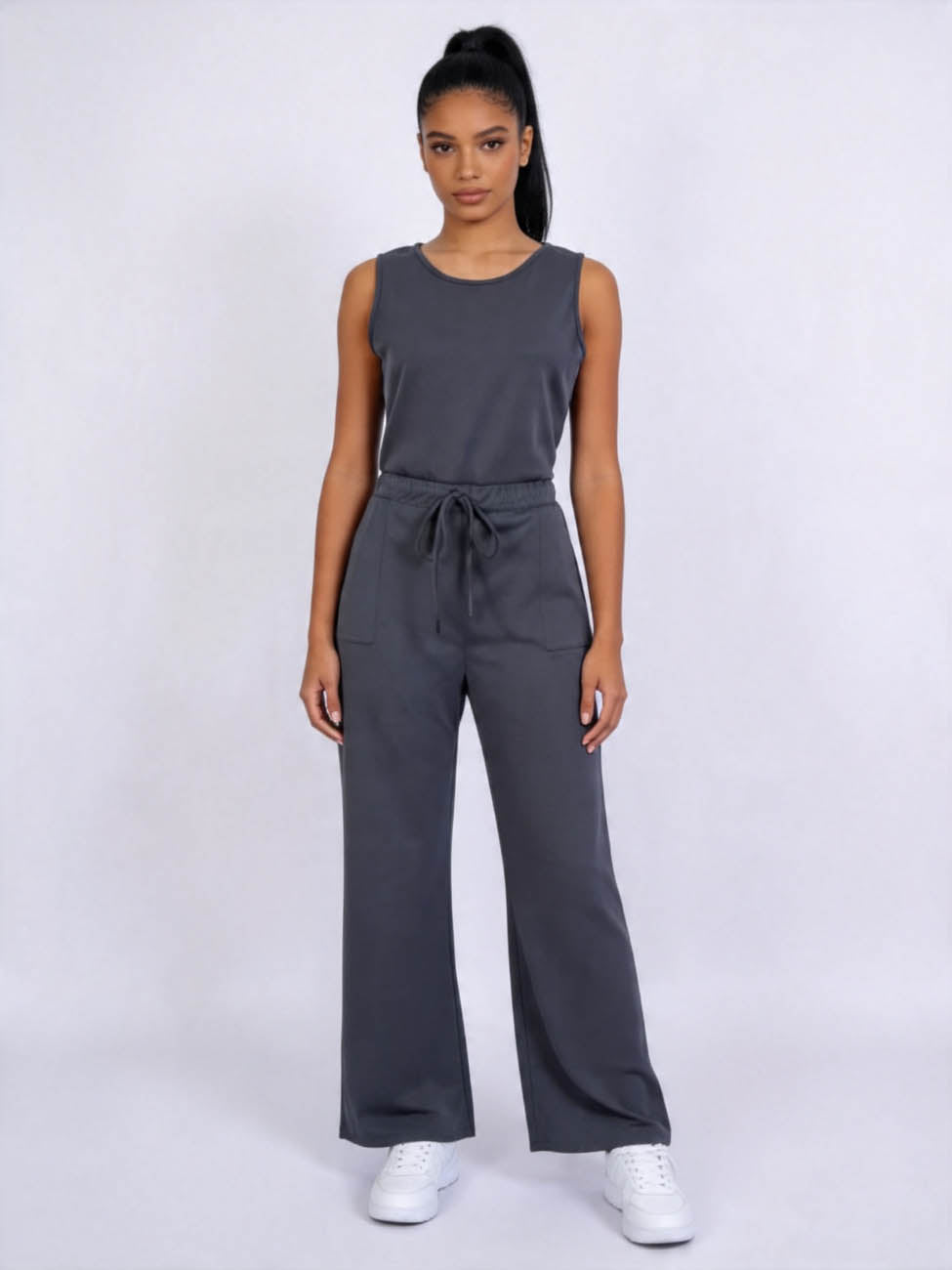 Cherie Code Women's Sleeveless Wide Leg Jumpsuit –  Soft Relaxed Fit Lounge Jumpsuit with Elastic Waist & Drawstring