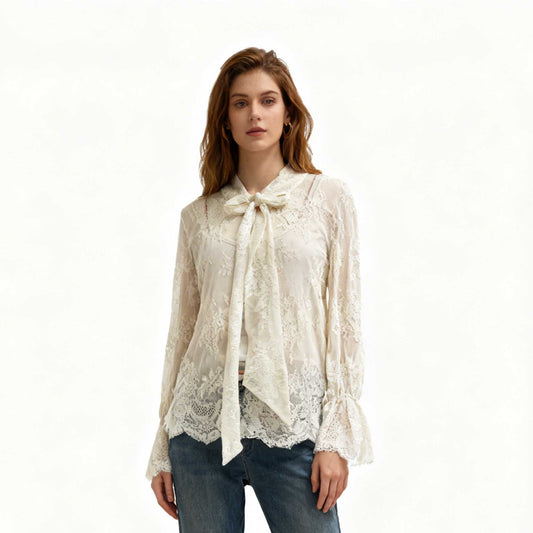 Cherie Code Women’s Lace Tie‑Neck Sheer Long‑Sleeve Blouse – Romantic Lace Top in Cream
