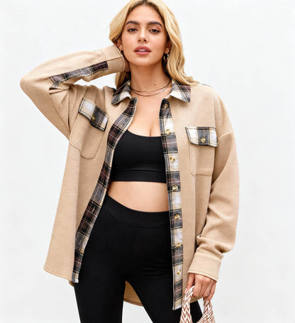 Women’s Long Sleeve Button-Down Shirt Jacket with Plaid Trim – Soft Stretch Fabric