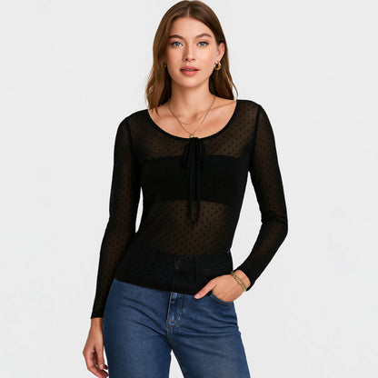 Cherie Code Women’s Knit Top – Polka Dot, Square Neck, Long Sleeve