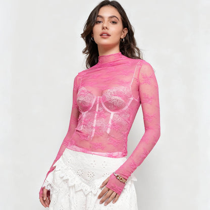 Women's Floral Lace Slim-Fit Top – Sheer Stretch Tee with Baby Overlock Edge Cherie Code