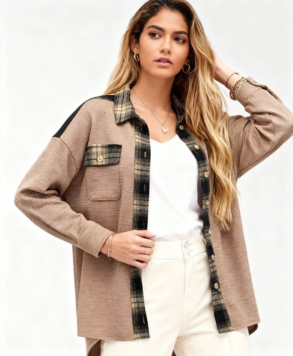 Women’s Long Sleeve Button-Down Shirt Jacket with Plaid Trim – Soft Stretch Fabric
