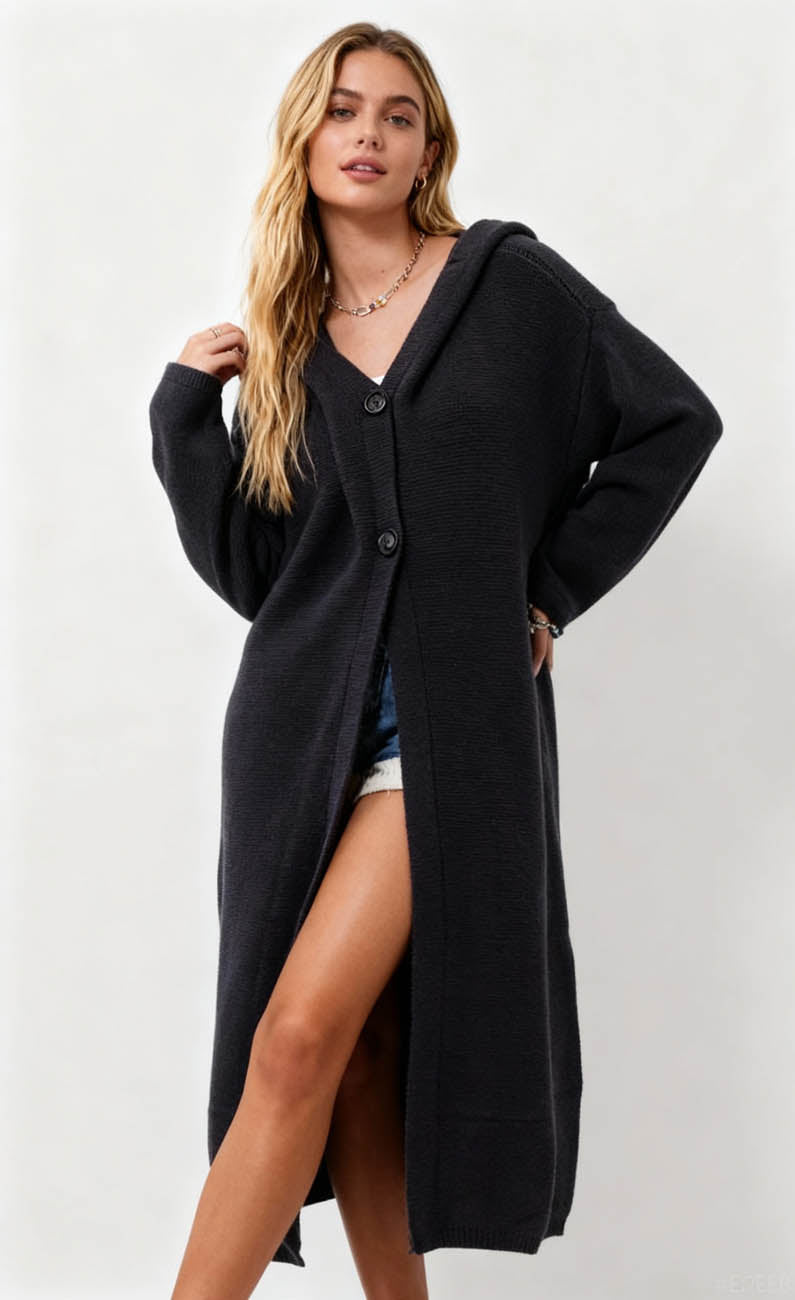 Cherie Code Women’s Hooded Long Knit Cardigan – Button‑Front Relaxed Fit Sweater Coat