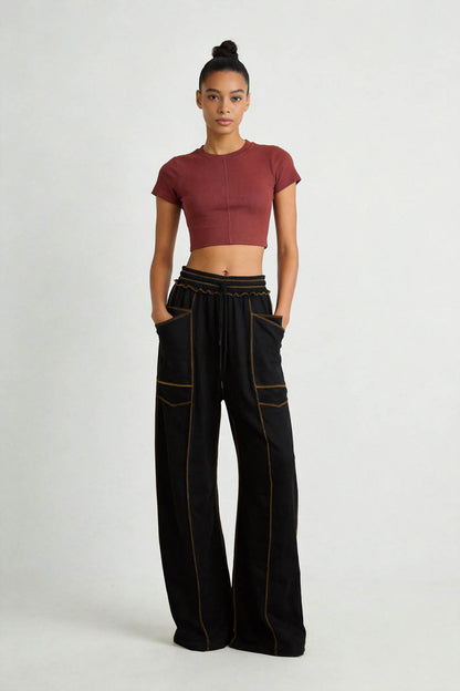 Cherie Code Women's High-Rise Wide Leg Pants with Drawstring and Pockets – Stretch Knit Casual Lounge Pants