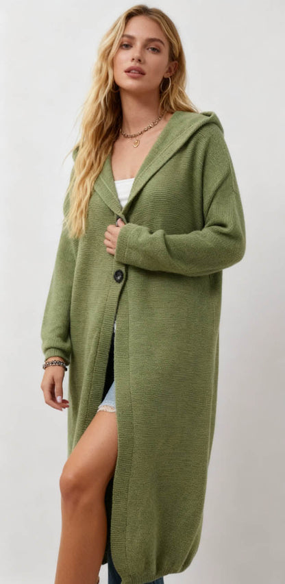 Cherie Code Women’s Hooded Long Knit Cardigan – Button‑Front Relaxed Fit Sweater Coat