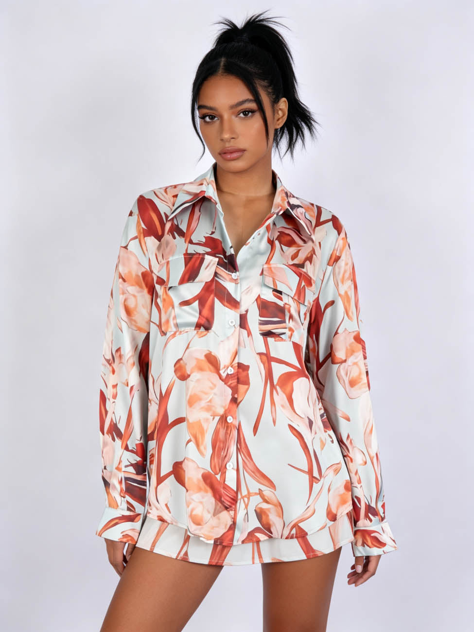 Cherie Code Women's Floral Print Button Down Shirt – Lightweight Long Sleeve Relaxed Fit Blouse, Vacation Casual Resort Top