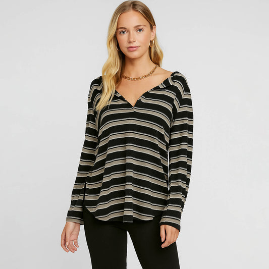 Cherie Code Women’s Stripe Top – Knit Fabric, Long Sleeve, Drapey V-Neck