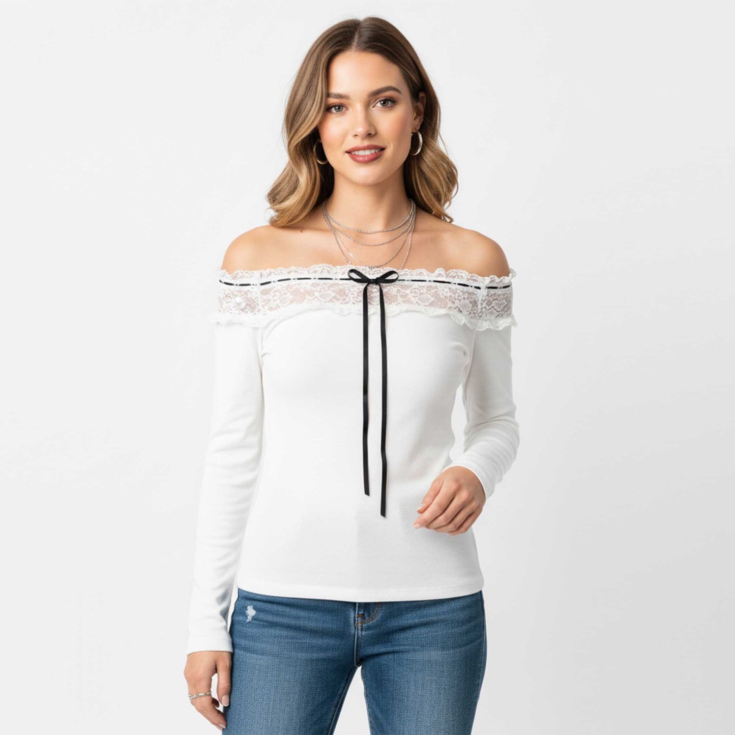 Cherie Code Women’s Off‑Shoulder Lace Trim Long Sleeve Top – Slim Fit Knit Blouse with Bow Detail