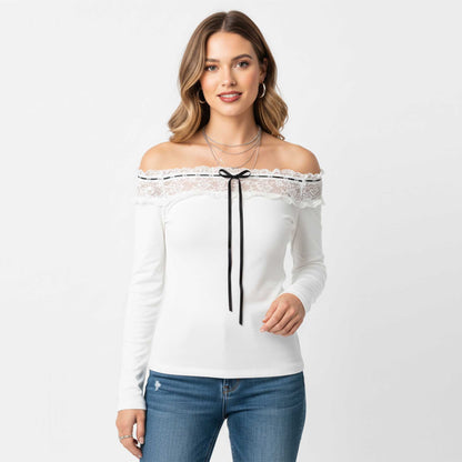 Cherie Code Women’s Off‑Shoulder Lace Trim Long Sleeve Top – Slim Fit Knit Blouse with Bow Detail