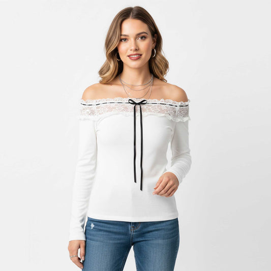 Cherie Code Women’s Off‑Shoulder Lace Trim Long Sleeve Top – Slim Fit Knit Blouse with Bow Detail