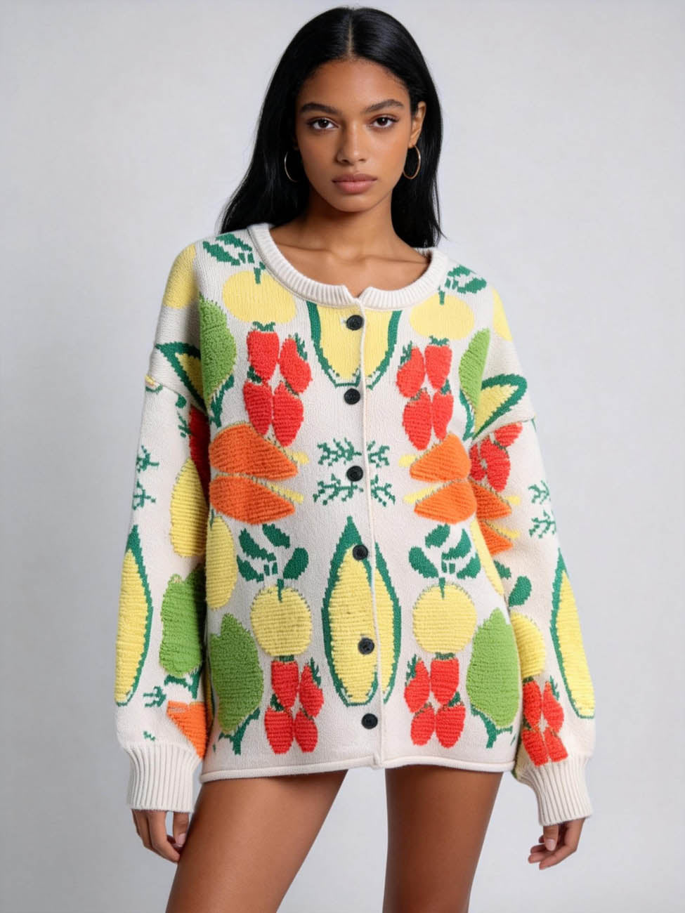 Women's Veggie Garden Jacquard Knit Cardigan -Casual Button Front Sweater Long Sleeves