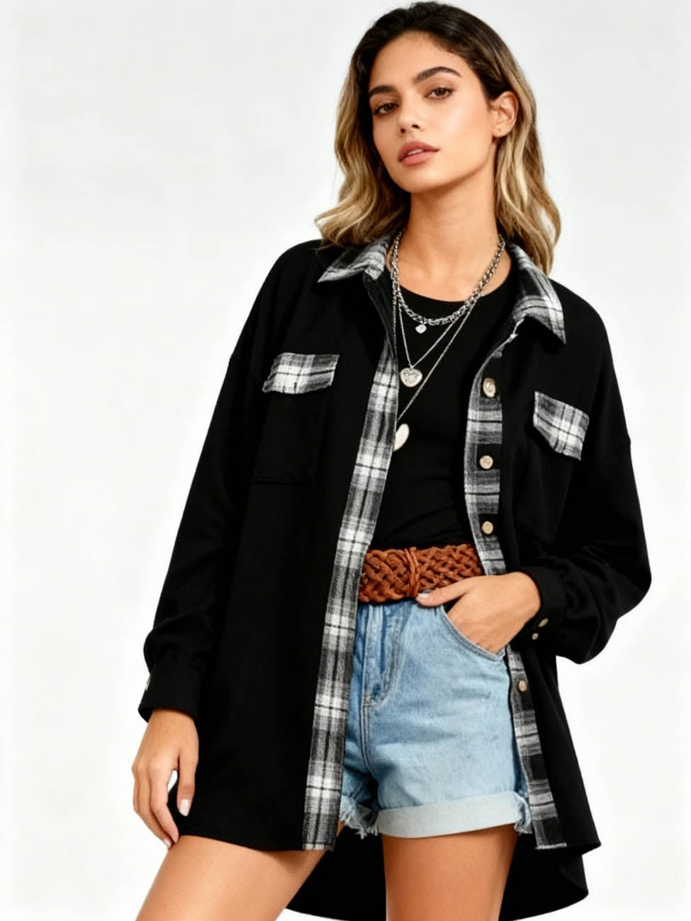 Women’s Long Sleeve Button-Down Shirt Jacket with Plaid Trim – Soft Stretch Fabric